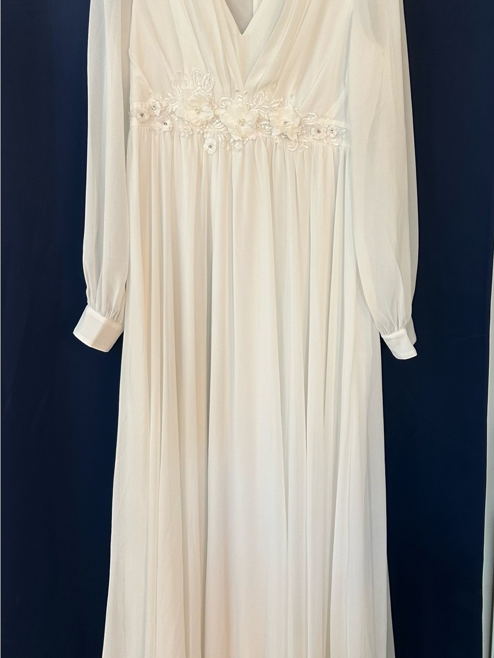 Ivory Long Sleeve V-Neck Bridal Gown with Floral Waist Detail